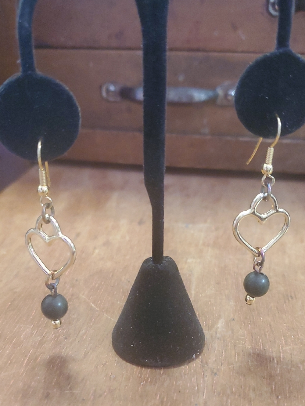 Gold Heart Drop Earrings with Dark Green Beads D